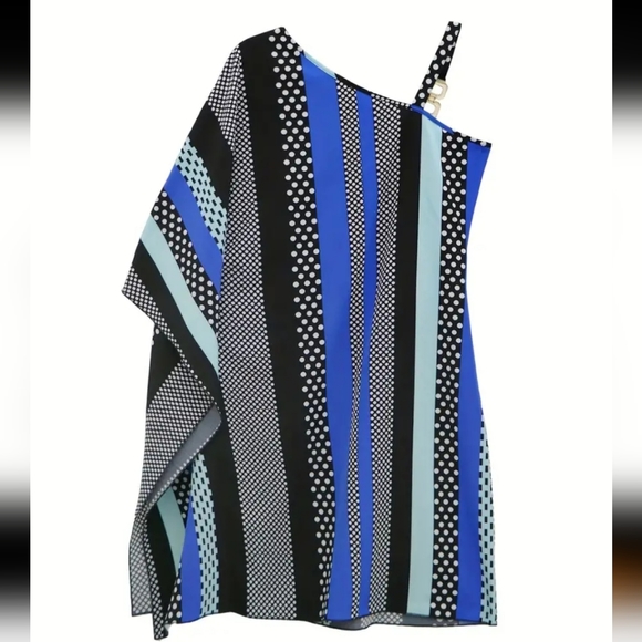 ❄️50% OFF❄️NEW Geo Print & Color Block Dress Asymmetrical Chain Strap,M - Picture 5 of 8